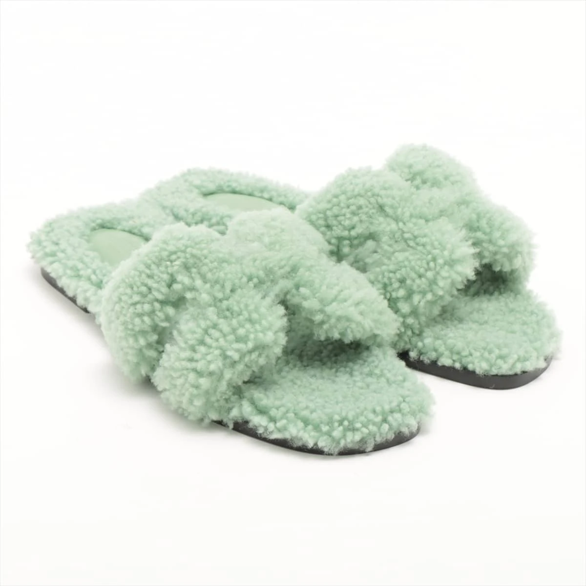 エルメス オラン ファー サンダル 37 レディース グリーン 箱あり