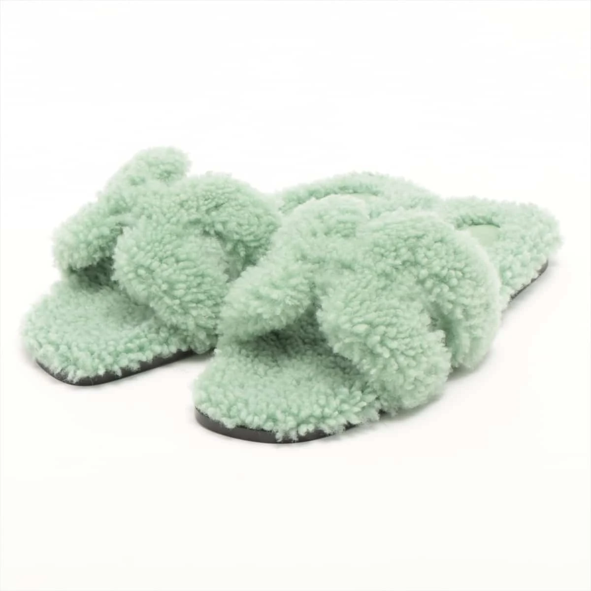 エルメス オラン ファー サンダル 37 レディース グリーン 箱あり