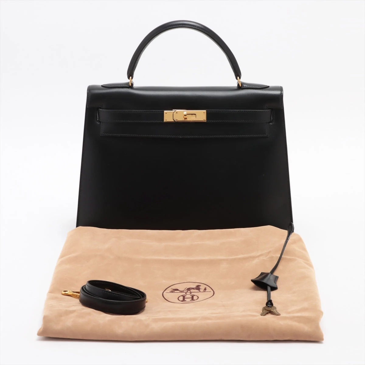 エルメス ケリー32 ボックスカーフ ブラック ゴールド金具 ○T