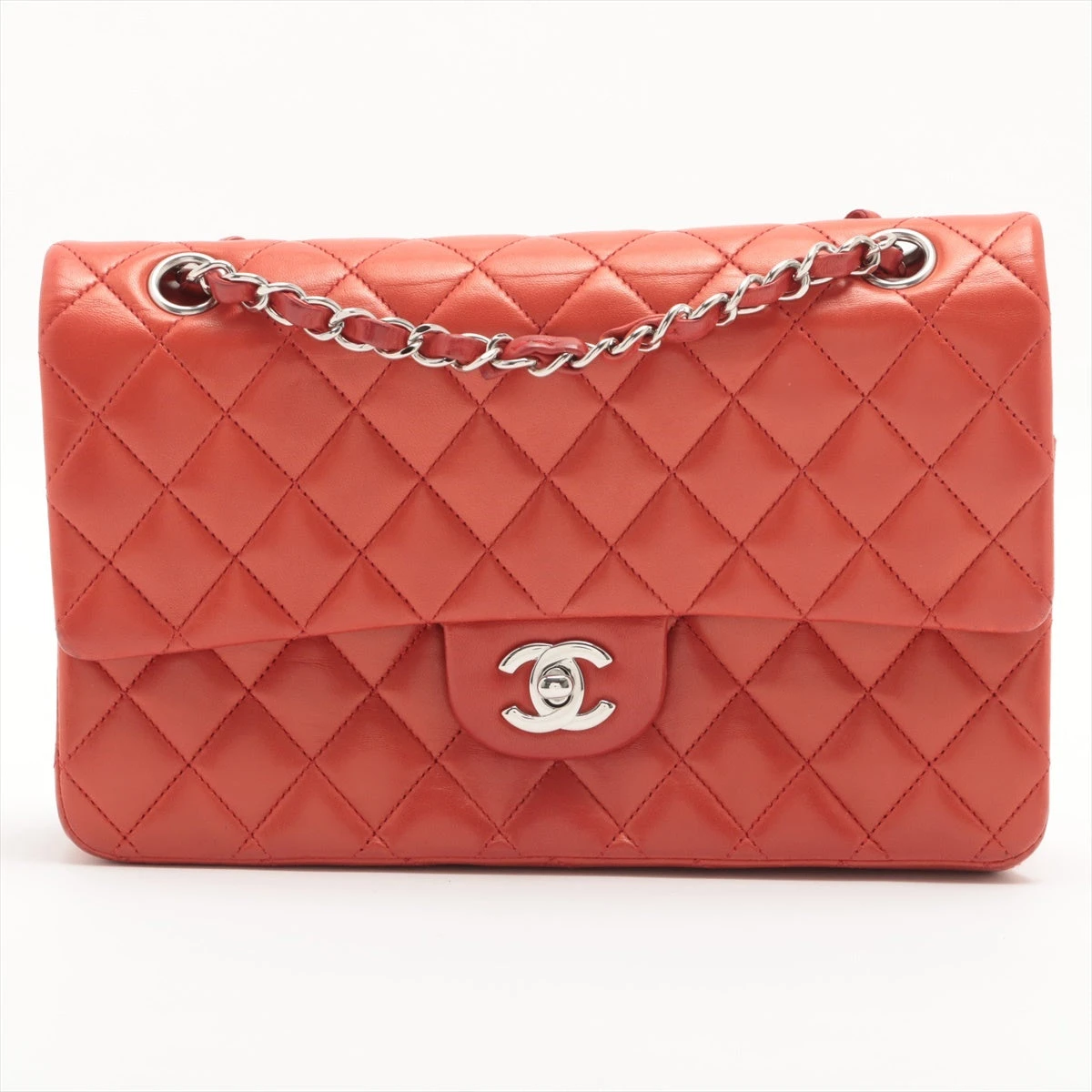 CHANEL シャネル　レッド ハンドバッグ　マトラッセ　ラムスキン　1552 CHANEL シャネル マトラッセ ココマーク スタッズ チェーン