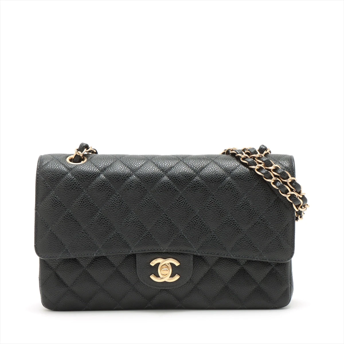 CHANEL ダブルチェーン　フラップバッグ　キャビアスキンゴールド☆ノベルティ シャネル マトラッセ キャビアスキン ダブルフラップ ダブルチェーン
