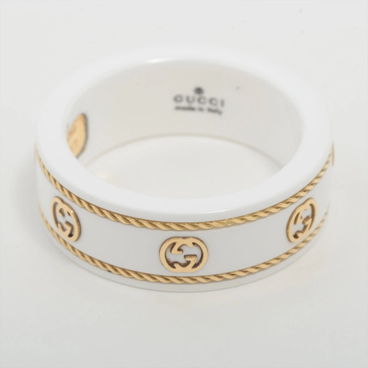 希少美品 GUCCI ホワイトセラミック インターロッキング リング ゴールド