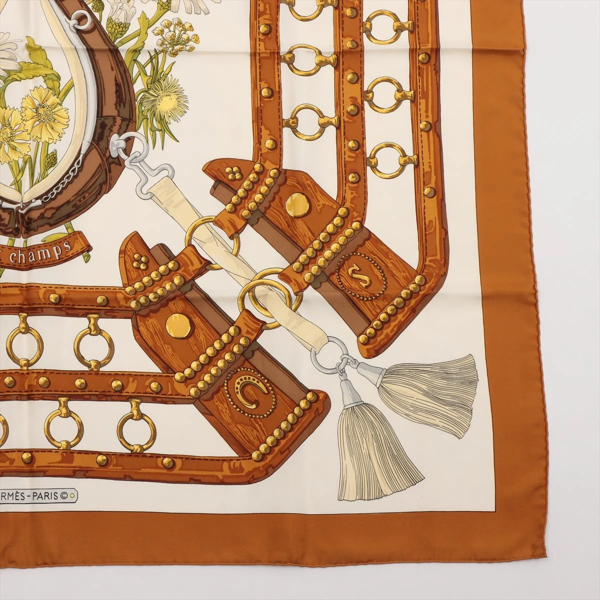 エルメス カレ90 AUX CHAMPS フィールドへ スカーフ シルク キャメル