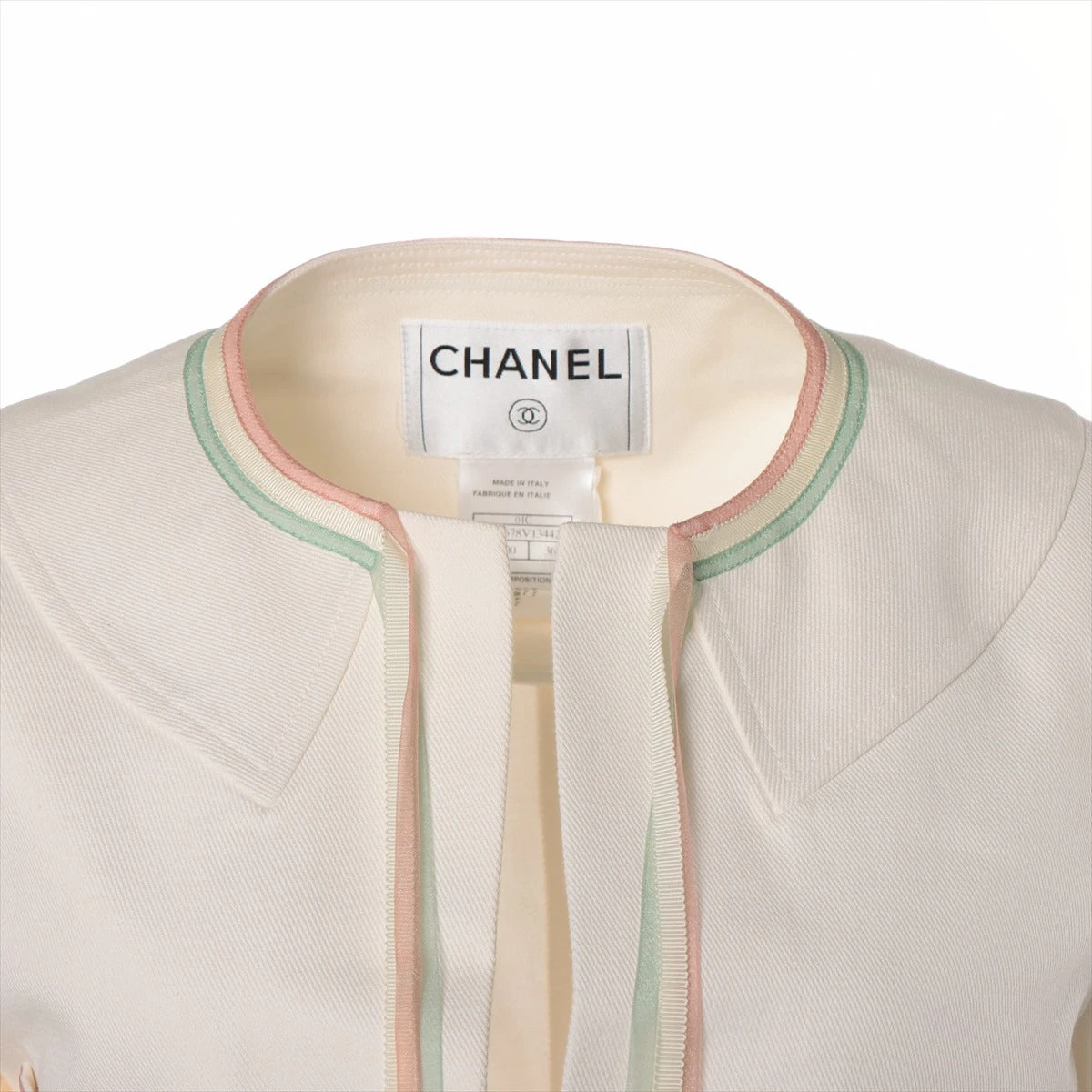 美品 CHANEL カメリア ココマーク ノーカラー コットン ジャケット 42 CHANEL ノーカラージャケット ココマーク ブラック 42 - メルカリ