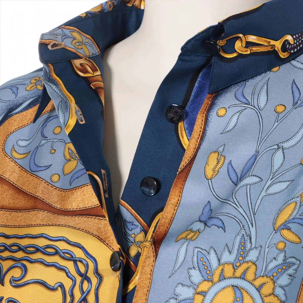 【美品】HERMES シルク コットン ポロシャツ カシミヤ混 Lイタリア製 エルメス コットン×シルク ポロシャツ L レディース ブルー
