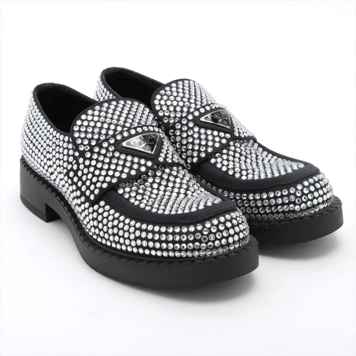 PRADA シルバー ローファー 37 1/2 (24～24.5) ブラック プラダ チョコレート ブラッシュドレザー ローファー