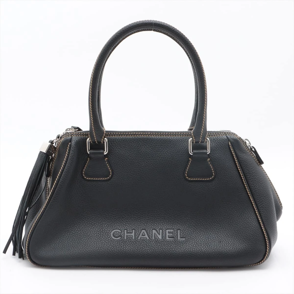 シャネル ロゴ レザー ハンドバッグ フリンジ ブラック シルバー金具 8  