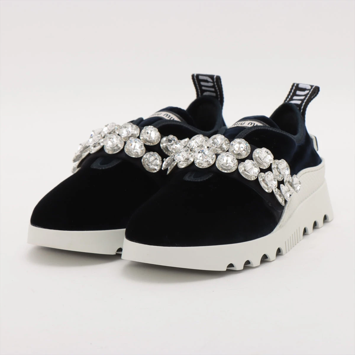 ミュウミュウ ベロア スリッポン 36 レディース ネイビー×ホワイト  