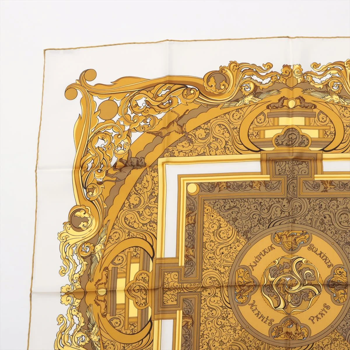 エルメス スカーフ カレ90 太陽の動物たち 黒×金 イーグル リング