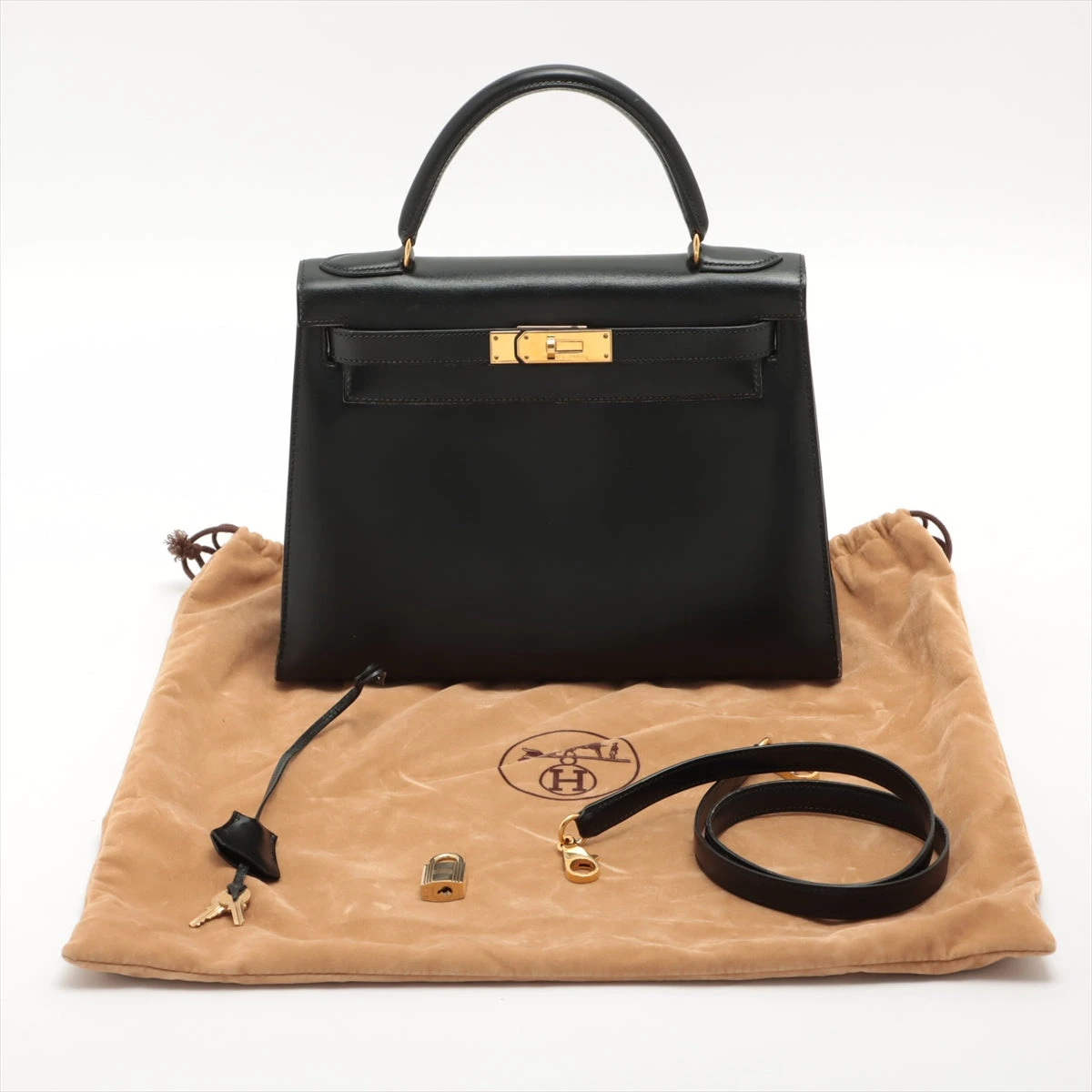 エルメス ケリー28 ボックスカーフ ブラック ゴールド金具 ○U:1991年