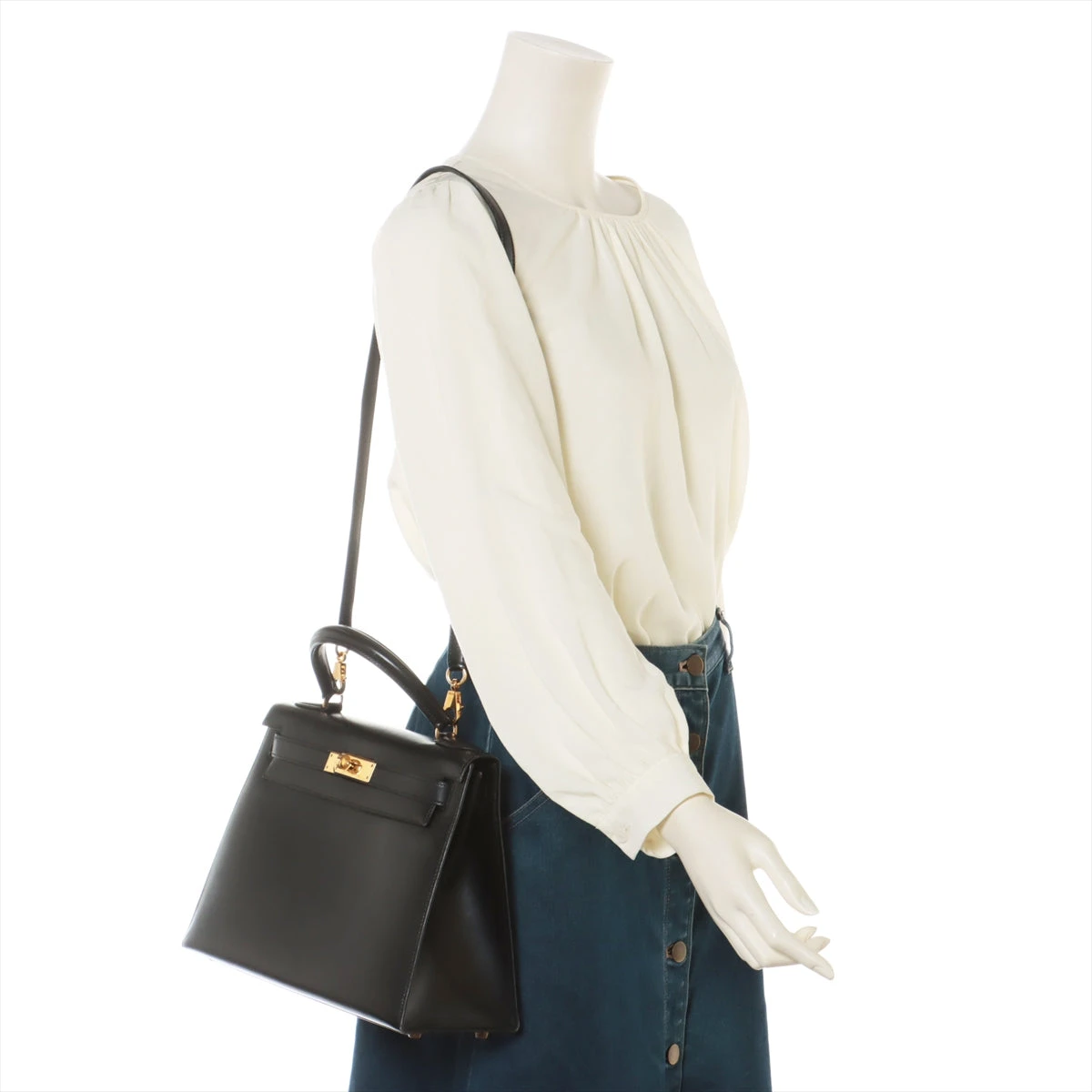 エルメス ケリー28 ボックスカーフ ブラック ゴールド金具 ○U:1991年