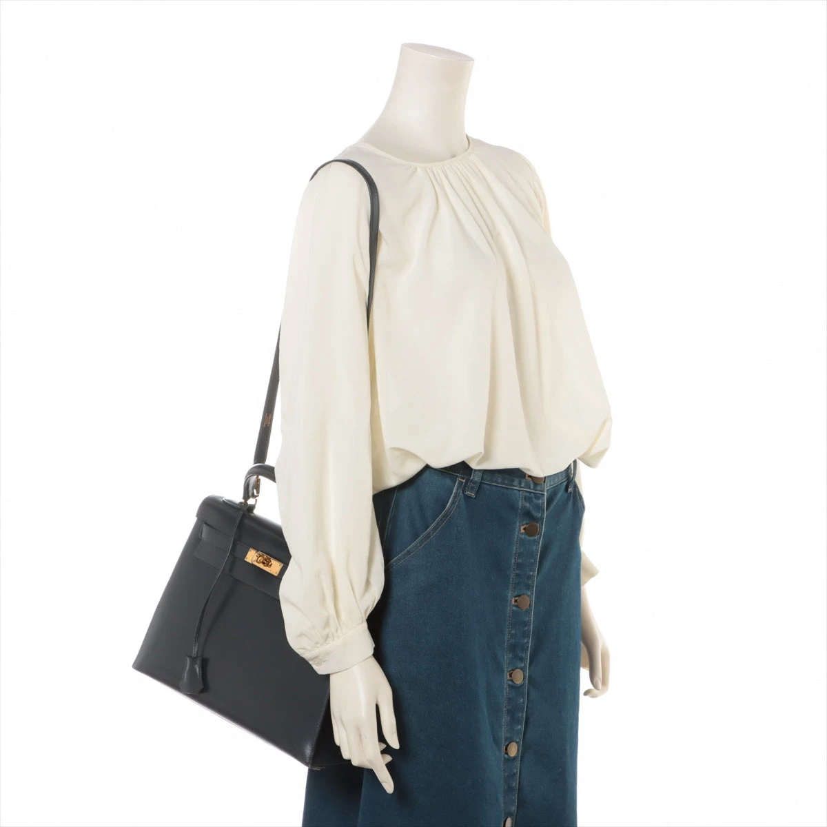 エルメス ケリー32 ボックスカーフ ネイビー ゴールド金具 ○Z:1996年