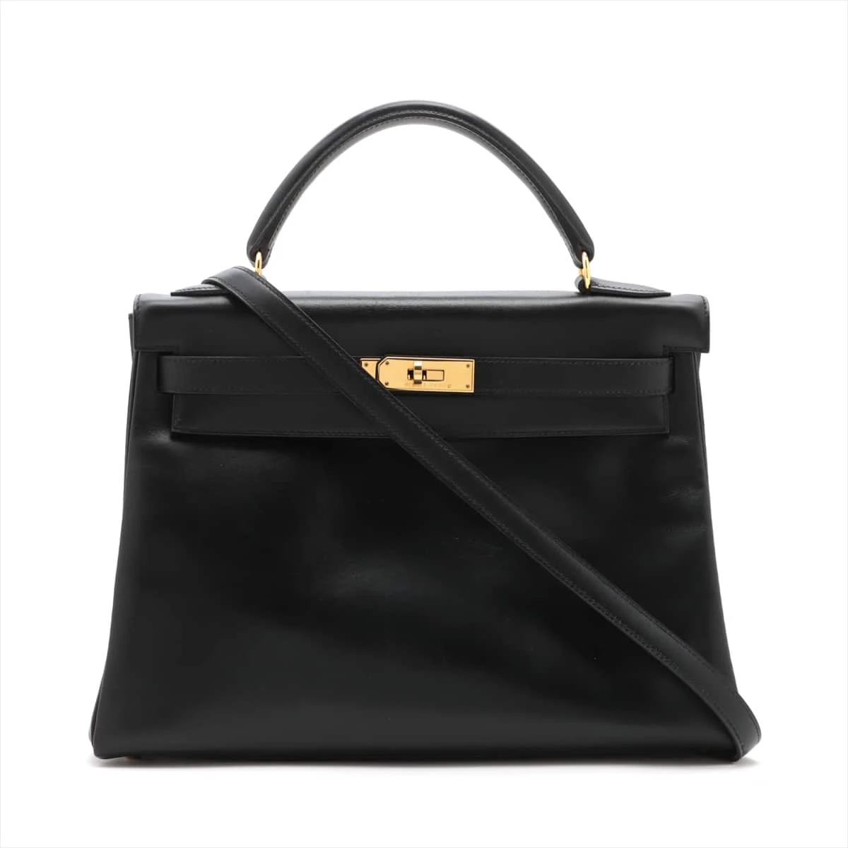 【美品】HERMÈS エルメス ケリー 32 ブラック ゴールド金具 エルメス ケリー32/外縫い ブラック ボックスカーフ ゴールド