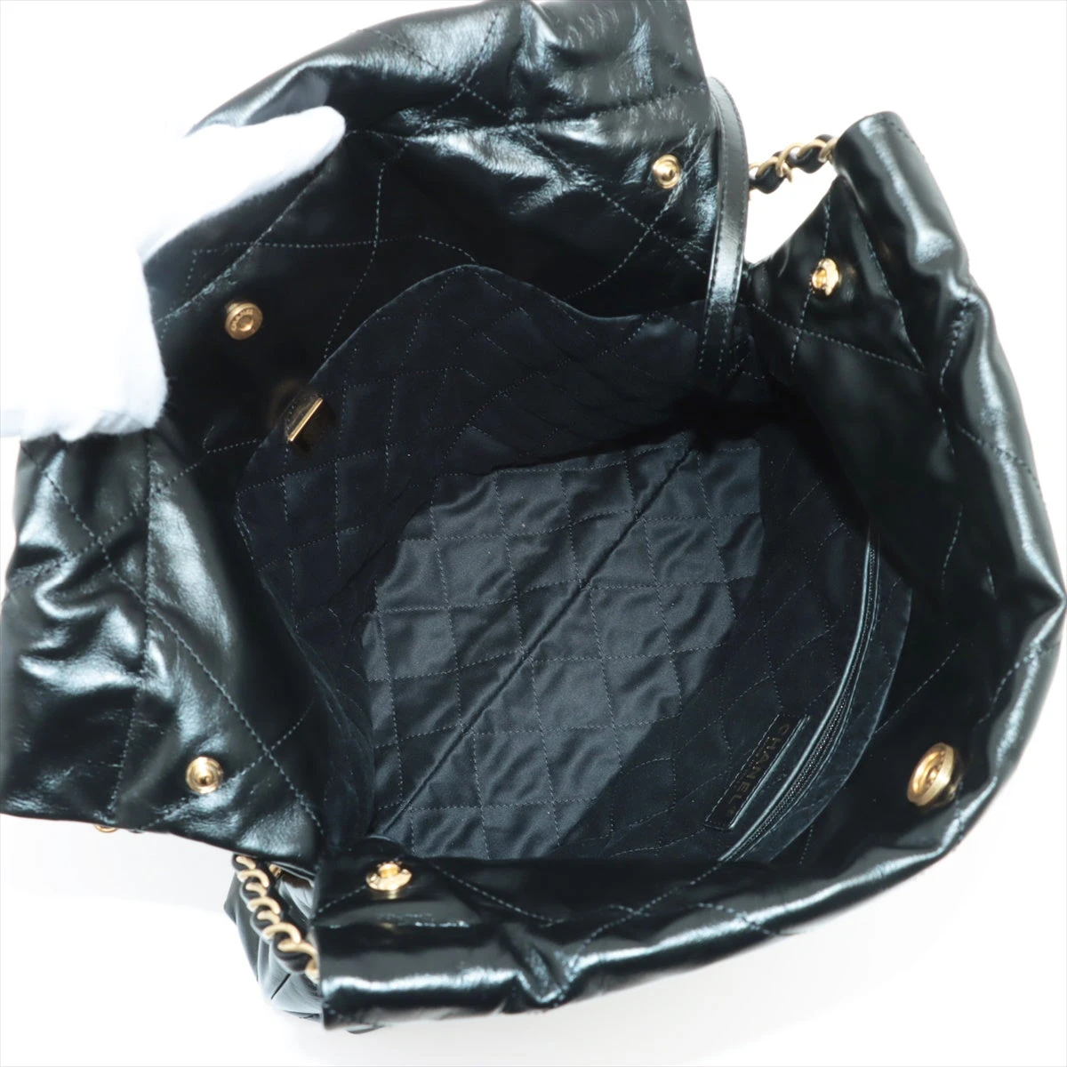 CHANEL 22 スモール シャイニーカーフスキン ブラック ゴールドチェーン シャネル シャネル22 スモール シャイニーカーフスキン チェーン