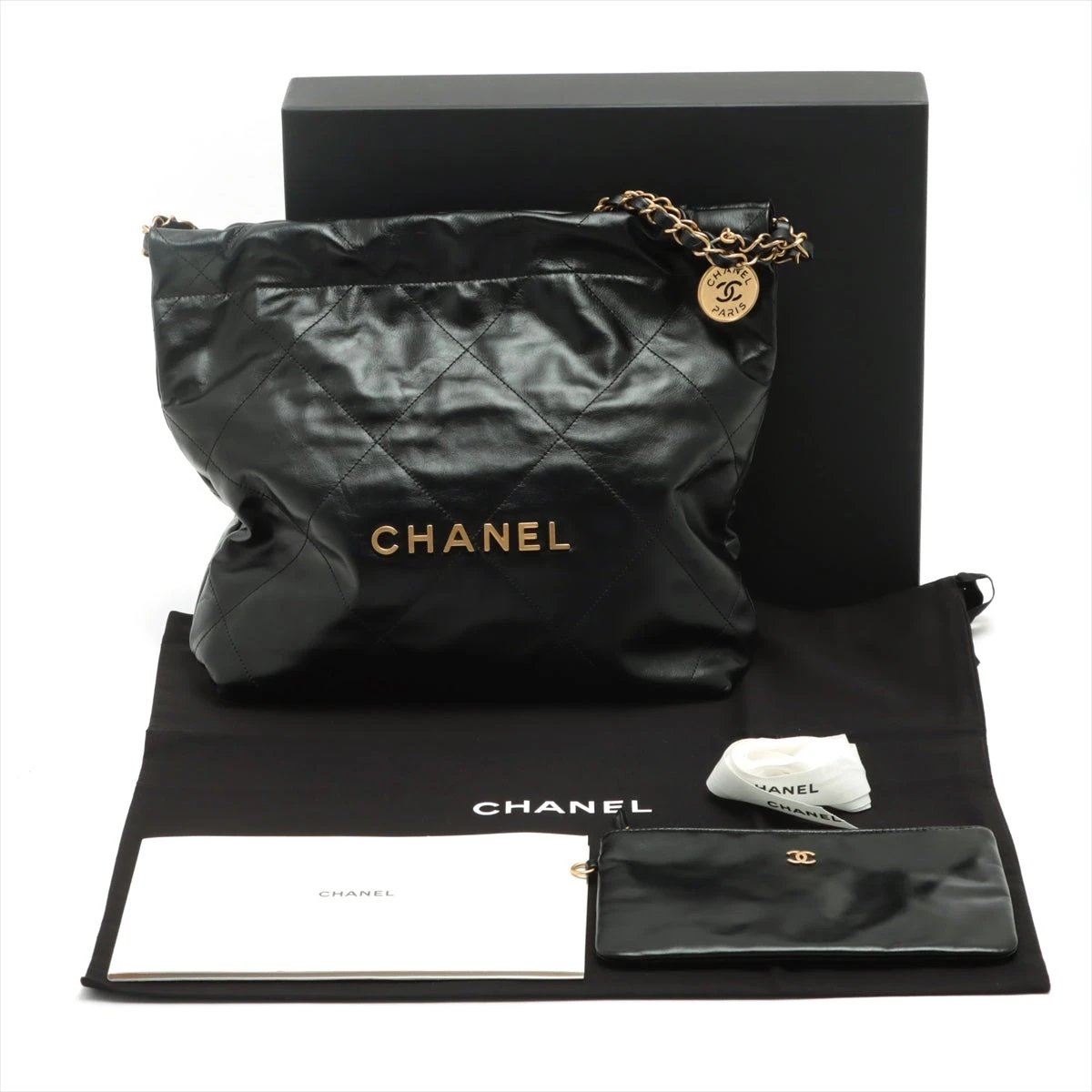 CHANEL 22 スモール シャイニーカーフスキン ブラック ゴールドチェーン シャネル シャネル22 スモール シャイニーカーフスキン チェーン
