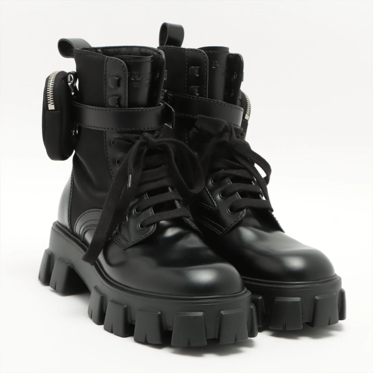 最終値下　PRADA モノリス　ナイロン&レザーブーツ38 プラダ モノリス ナイロン×レザー ブーツ 7 1/2 メンズ ブラック