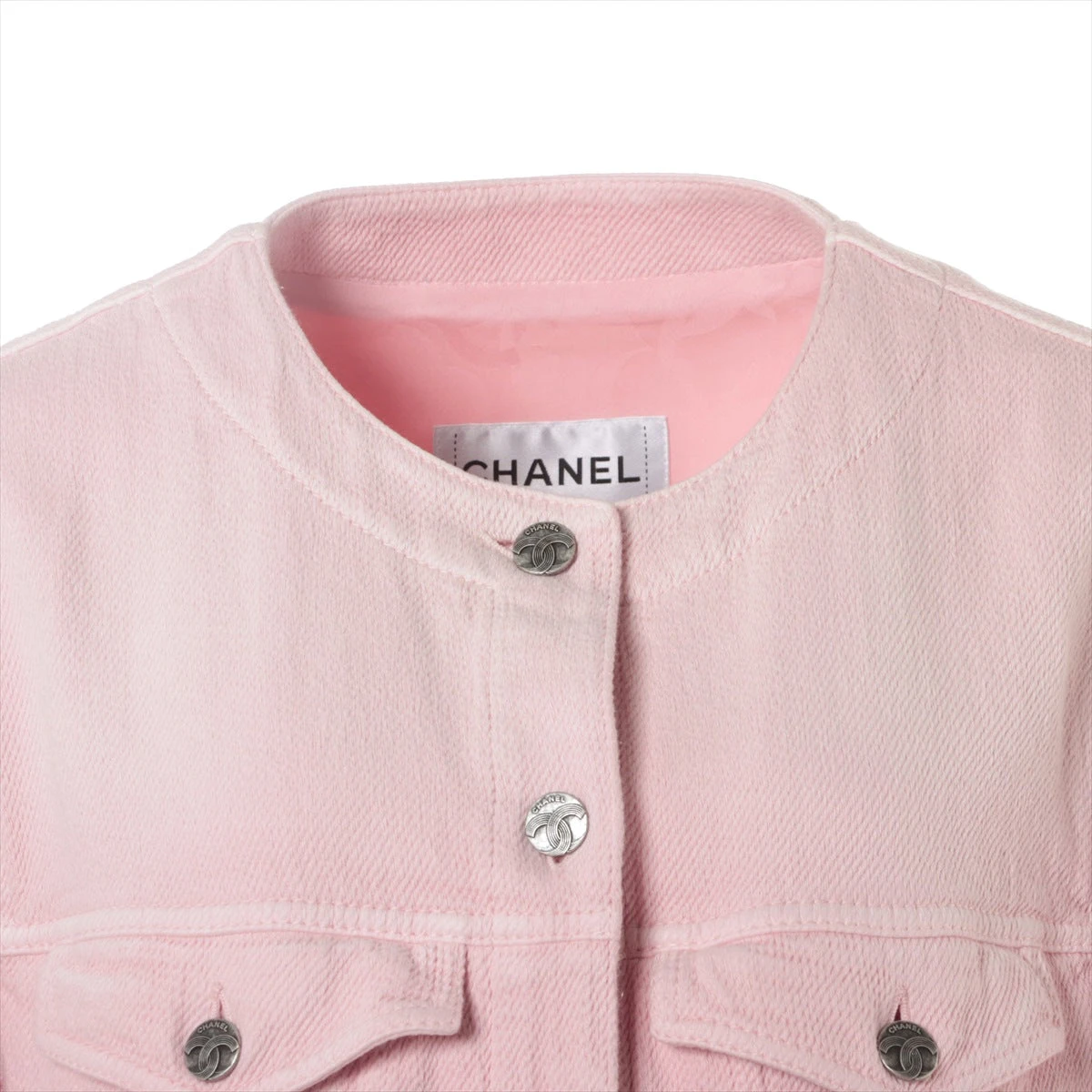 CHANEL ピンク ノーカラージャケット シャネル ココボタン コットン×シルク ノーカラージャケット 34