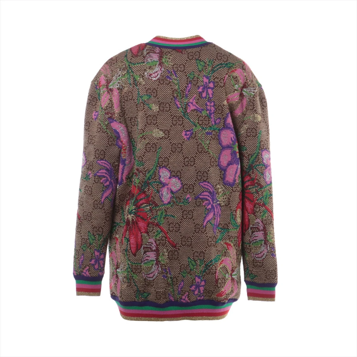 新品・未使用・タグ付き！グッチ フローラシルク100%切替カーディガン M GUCCI/グッチ】 花柄 未使用品 スカーフ シルク100％ 白×マルチ