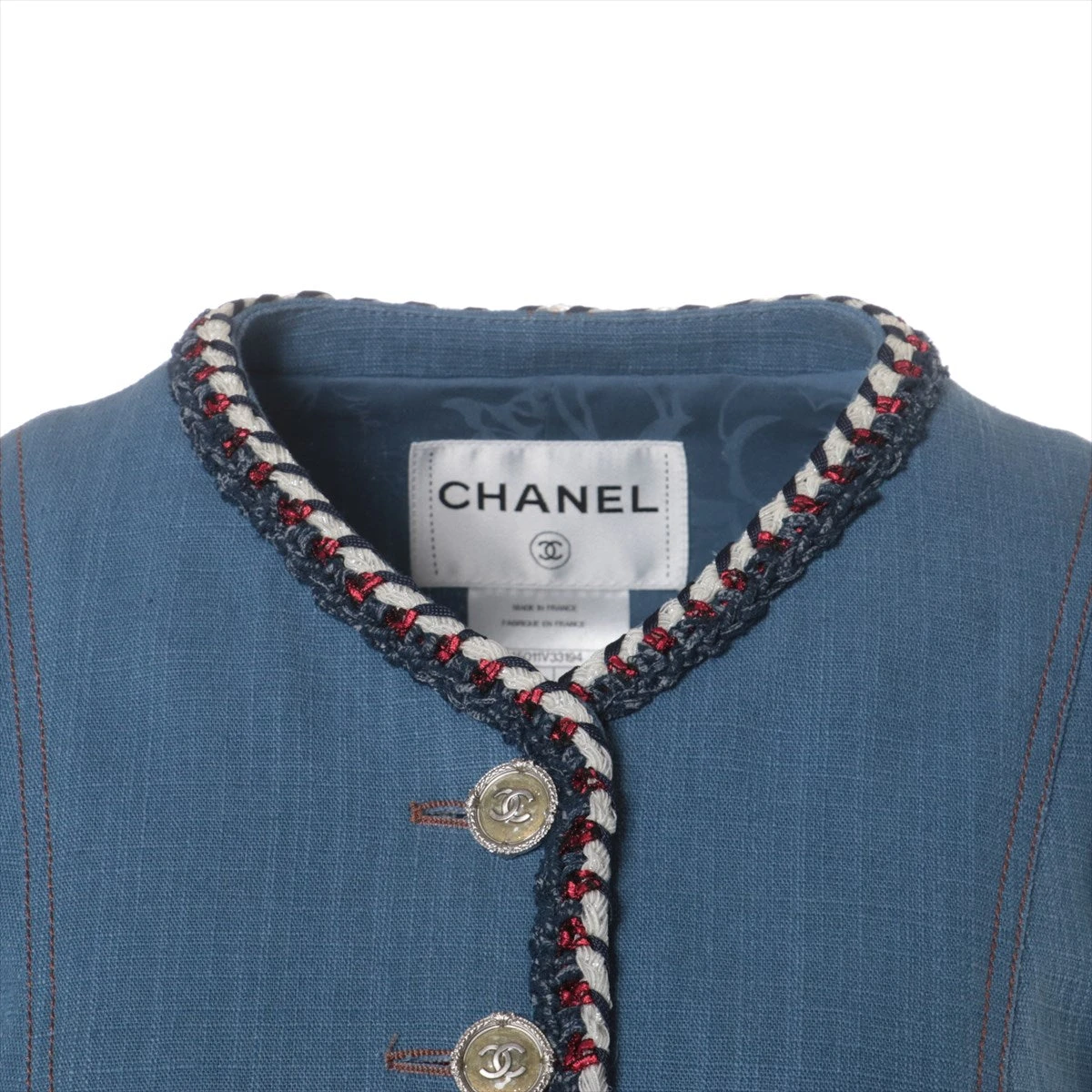 【美品】CHANELノーカラーテーラードジャケット　ブルー シャネル ココボタン P45 コットン ノーカラージャケット 38