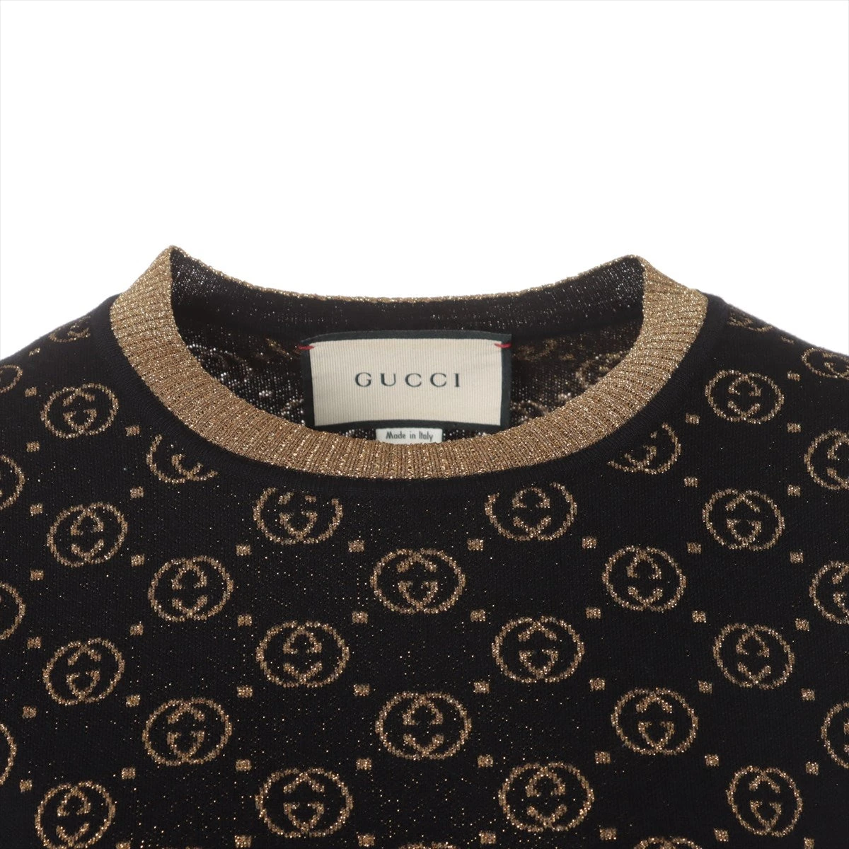 GUCCI 半袖ニット 黒・金 ロゴパターン グッチ GGパターン 19AW ウール×ナイロン 半袖ニット L