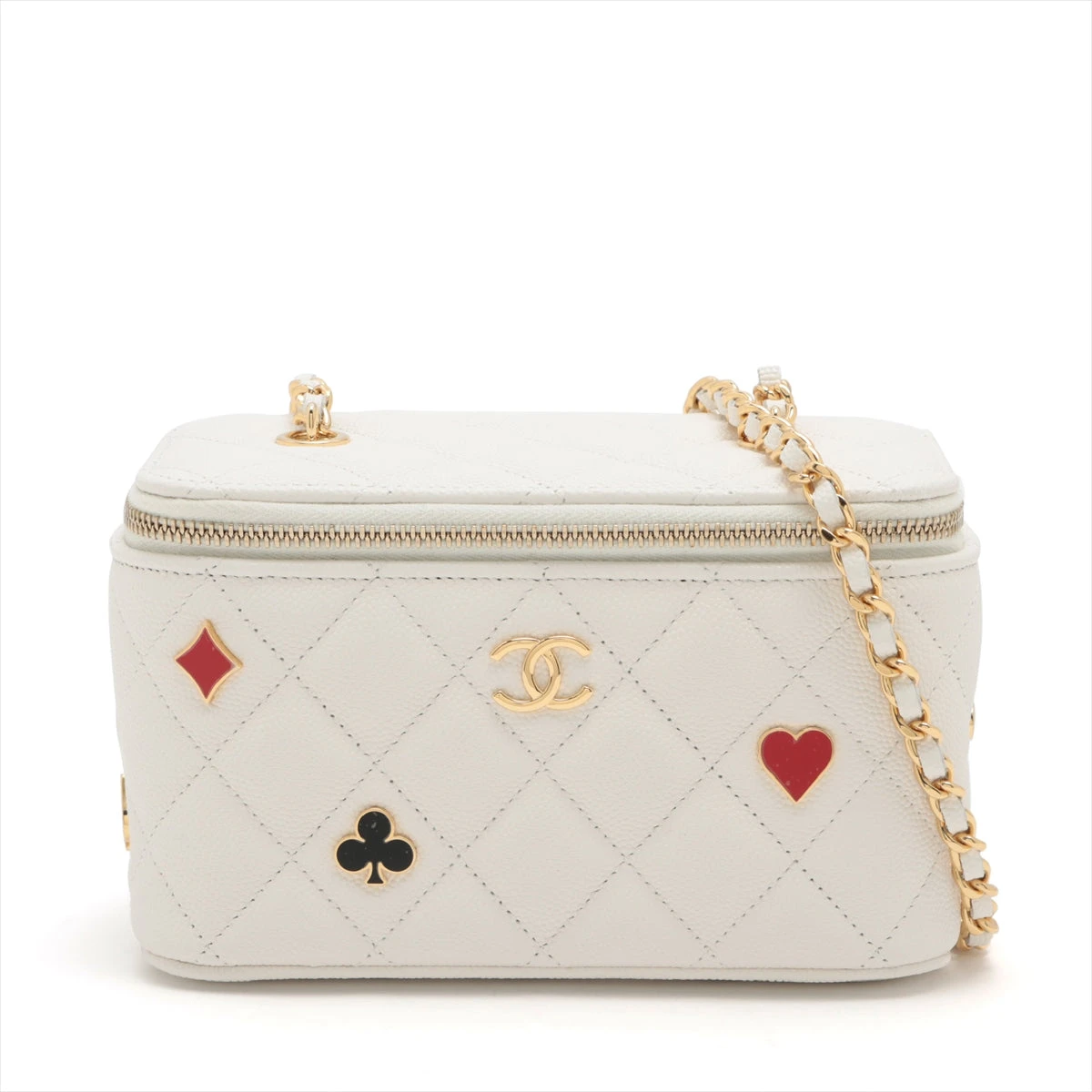 CHANEL バニティバッグ キャビアスキン マトラッセ 白 チェーン シャネルチェーンバニティバッグ 42976 白 ゴールド金具