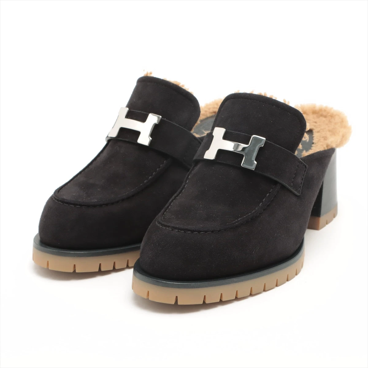 エルメス スエード×ムートン ミュール 36 レディース ブラック