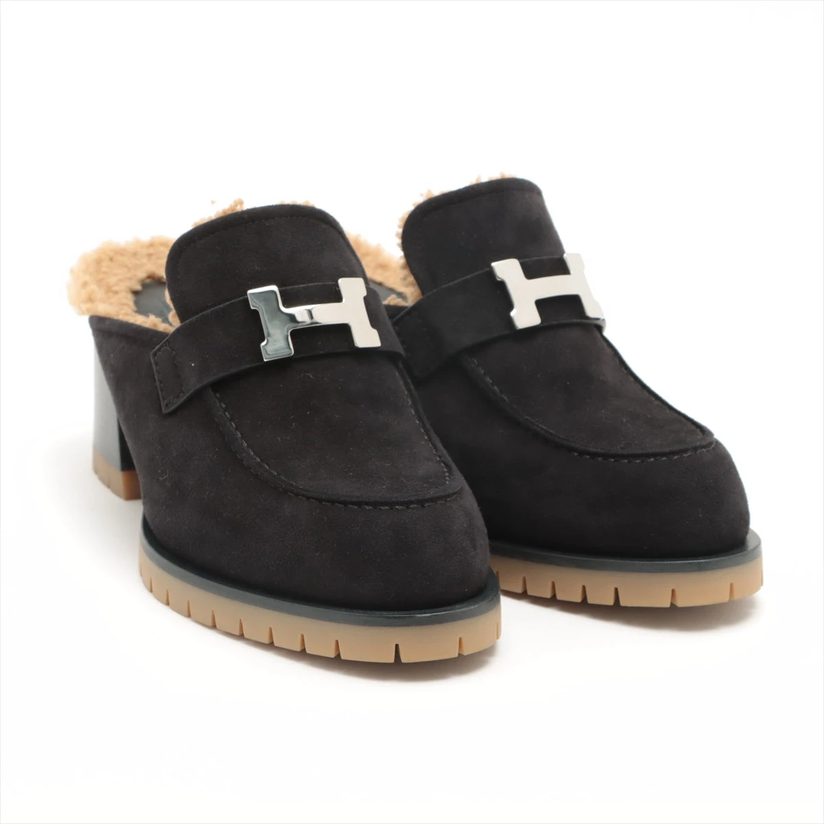 エルメス スエード×ムートン ミュール 36 レディース ブラック