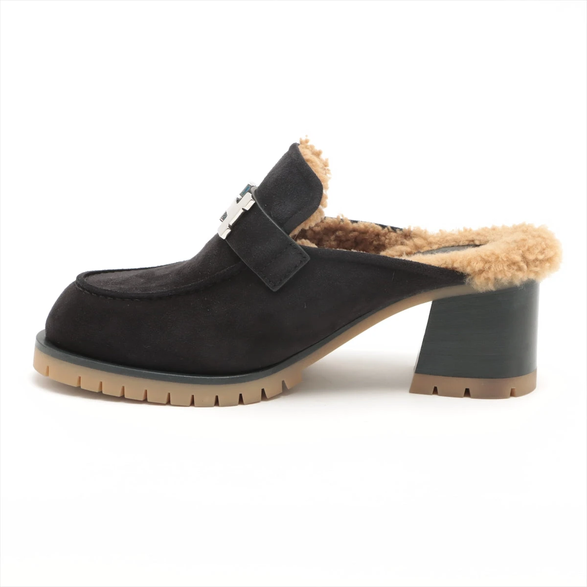 エルメス スエード×ムートン ミュール 36 レディース ブラック