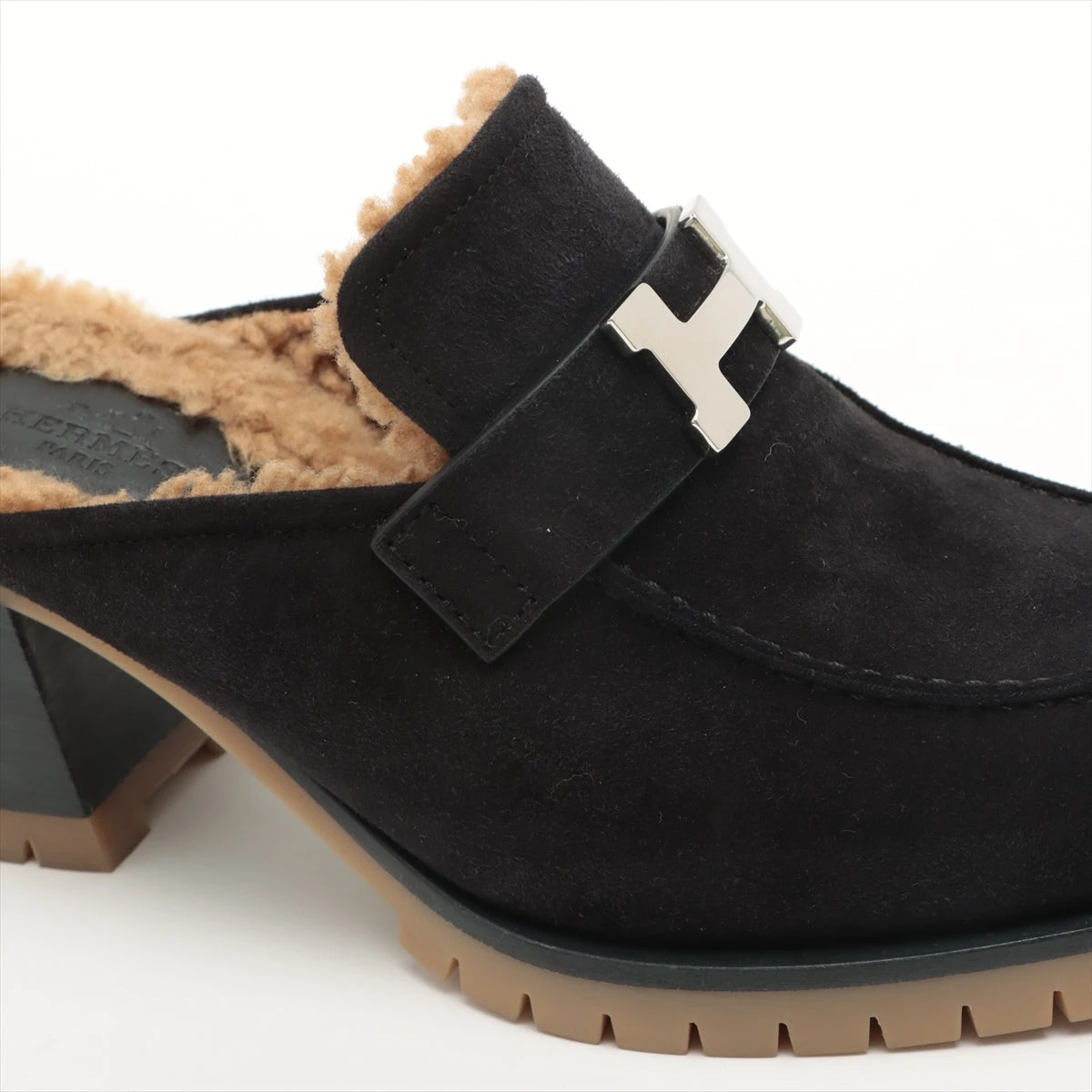 エルメス スエード×ムートン ミュール 36 レディース ブラック