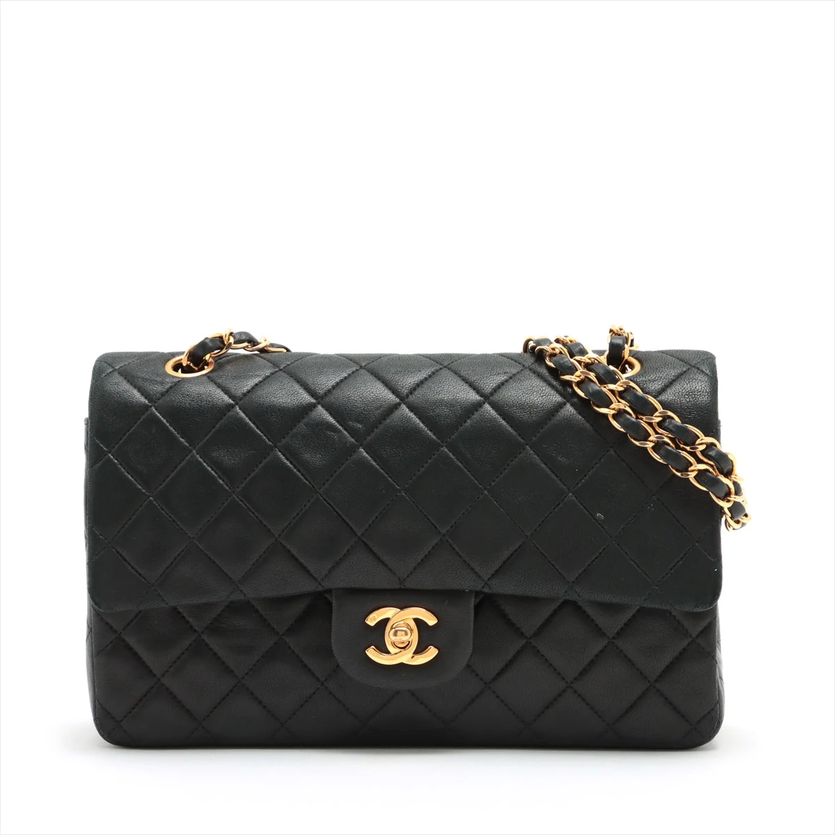 CHANEL マトラッセ ダブルフラップ ラムスキン ブラック ゴールド金具 CHANEL マトラッセ ダブルフラップダブルチェーン 23 ショルダー