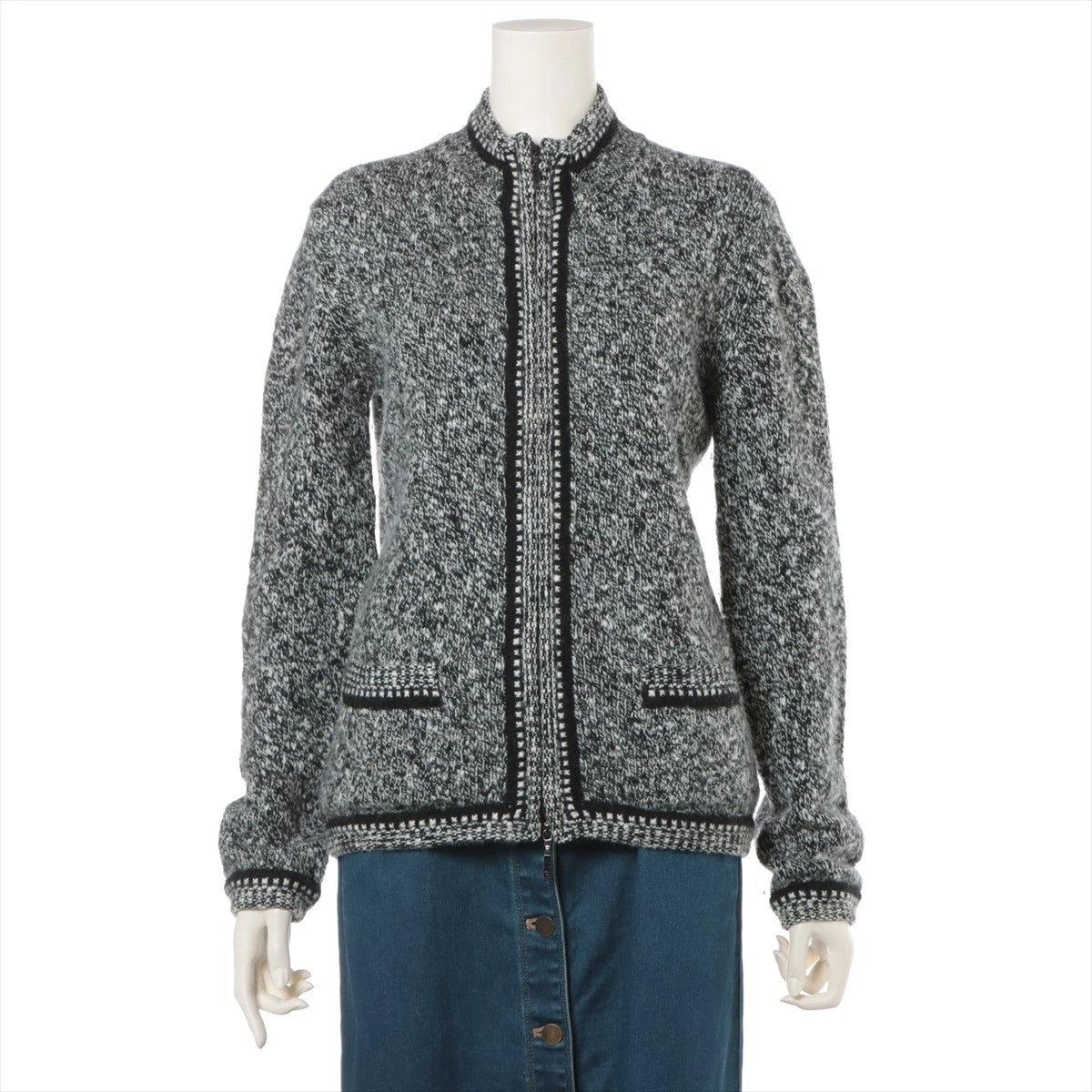 シャネル 05A カシミヤ ニット 42 レディース ブラック×ホワイト