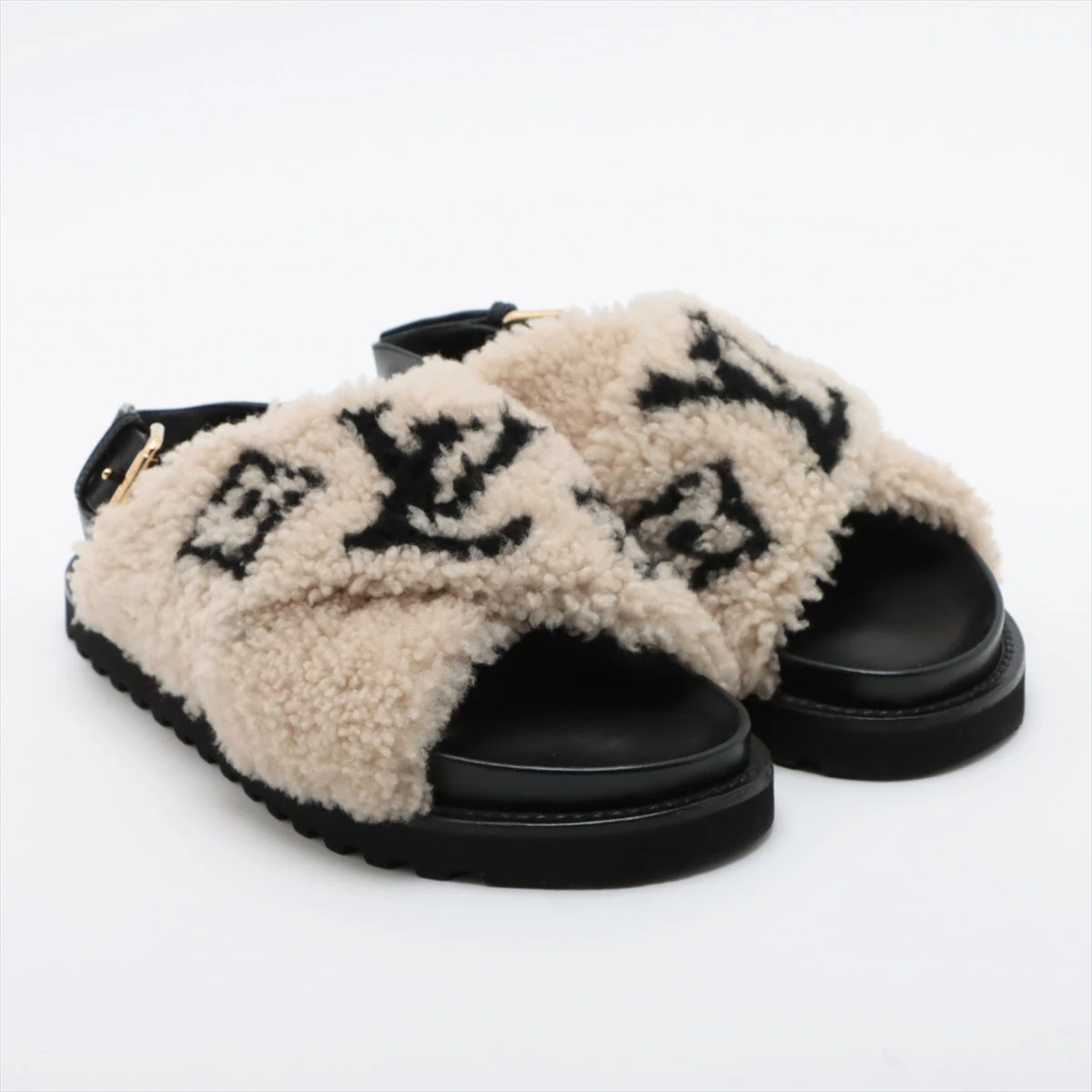 ヴィトン パセオ LV ロゴ ボア サンダル 黒 ベージュ 23cm 36 LOUIS VUITTON - ヴィトン パセオ LV ロゴ ボア サンダル 黒 ベージュ