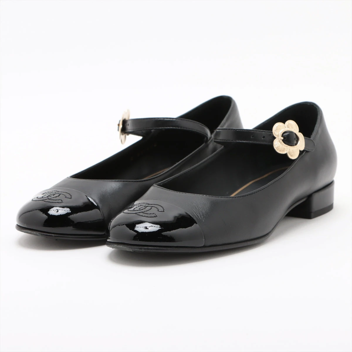 シャネル ココマーク レザー×パテント ストラップパンプス 37 C