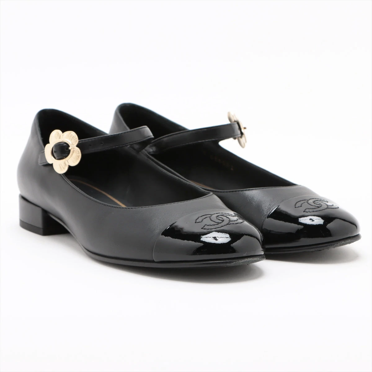 シャネル ココマーク レザー×パテント ストラップパンプス 37 C