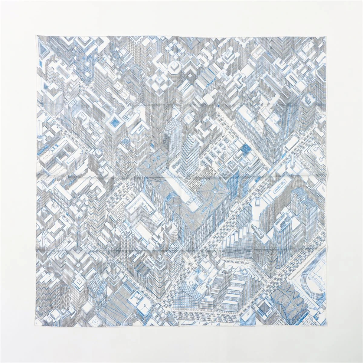 パンタンの未来の姿を描いたHermesパンタン・シティスカーフ エルメス スカーフ シルク ブルー カレ90 PANTIN CITY パンタン