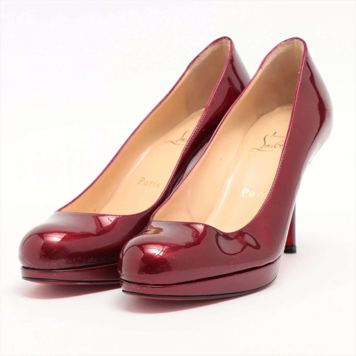 ルブタン36.5 オープントゥパンプス　エナメル　ボルドー　ワインレッド　裏張済 Christian Louboutin クリスチャンルブタン ピンヒールパンプス
