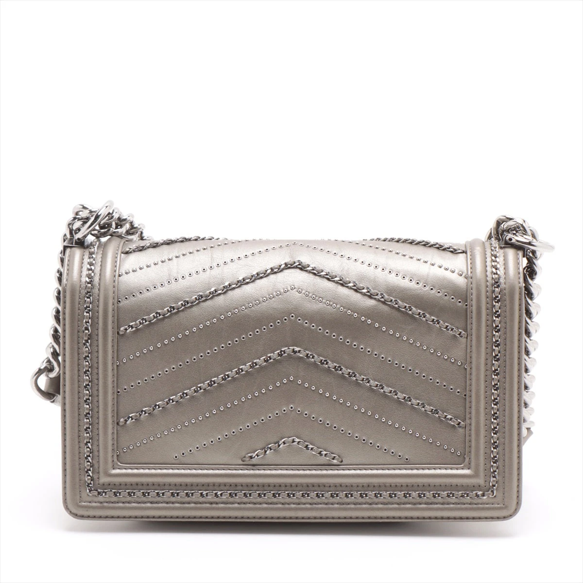 シャネル CHANEL 26番台 2018-2019 ボーイシャネル メタリック ショルダーバッグ【中古】 シャネル ボーイシャネル レザー チェーンショルダーバッグ グレー