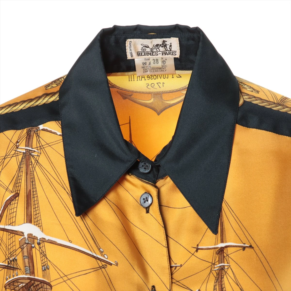 エルメス シルク シャツ 38 イエロー MARINE ET CAVALERIE