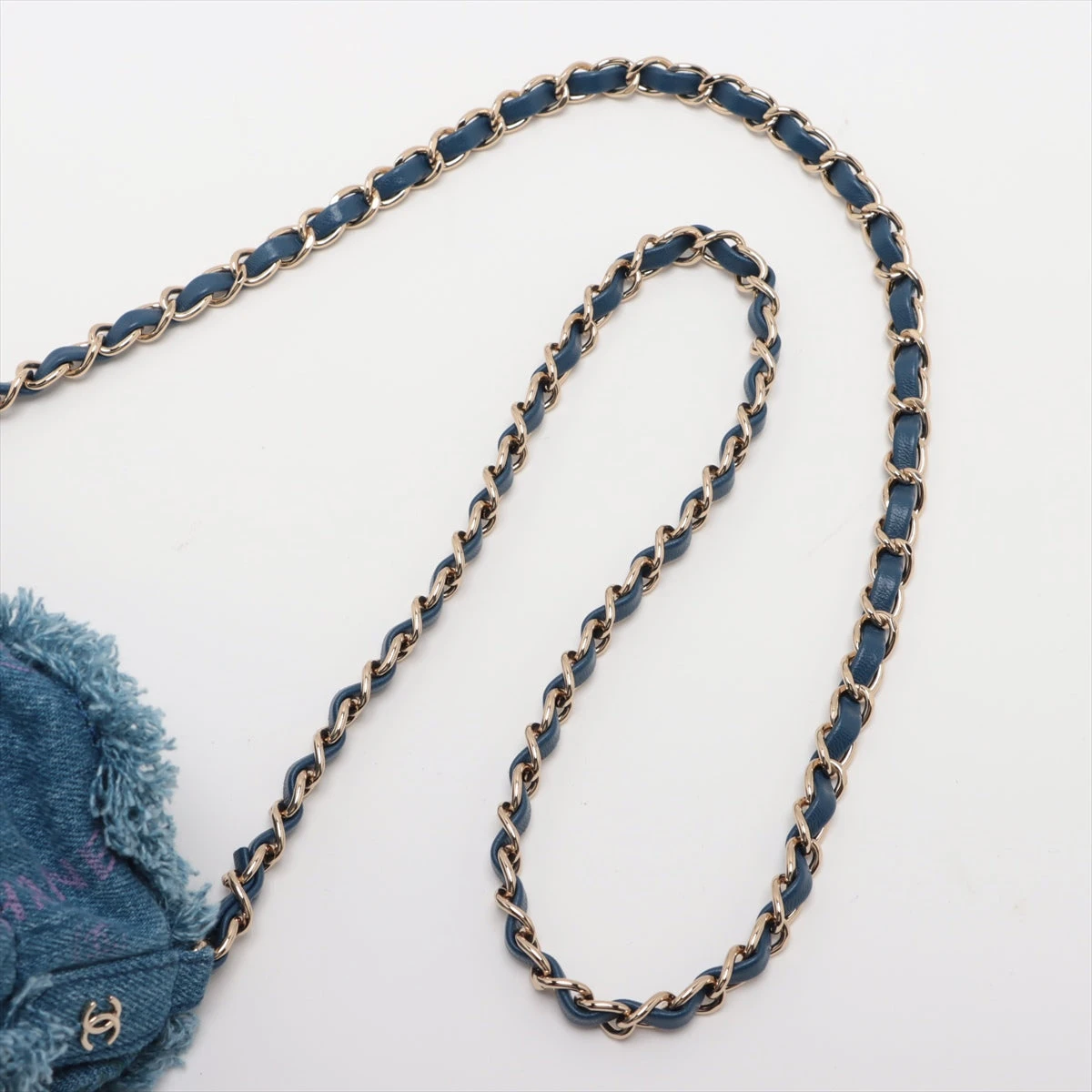 シャネル ロゴ デニム 巾着ショルダーバッグ ブルー ゴールド金具 IC