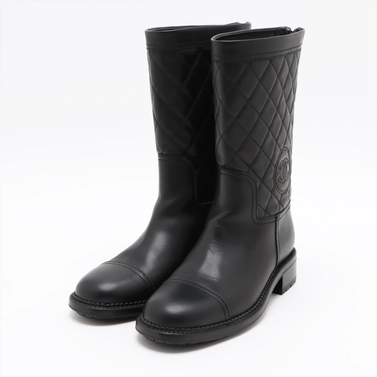 CHANEL レザー マトラッセ ココマーク 24.5cm コンバット ブーツ CHANEL レザー マトラッセ ココマーク 24.5cm コンバット ブーツ