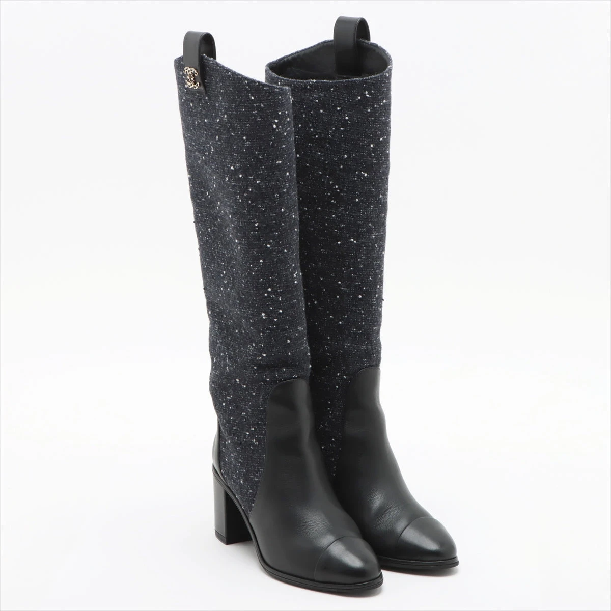 シャネル ココマーク ツイード×レザー ロングブーツ 36C レディース