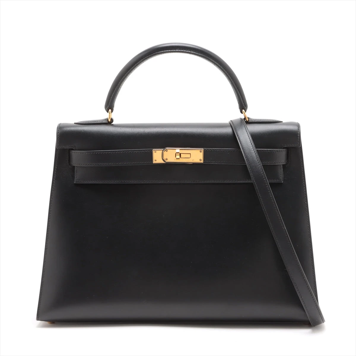 エルメス ケリー32 ボックスカーフ ブラック ゴールド金具 ○A:1971年 別売りストラップ付