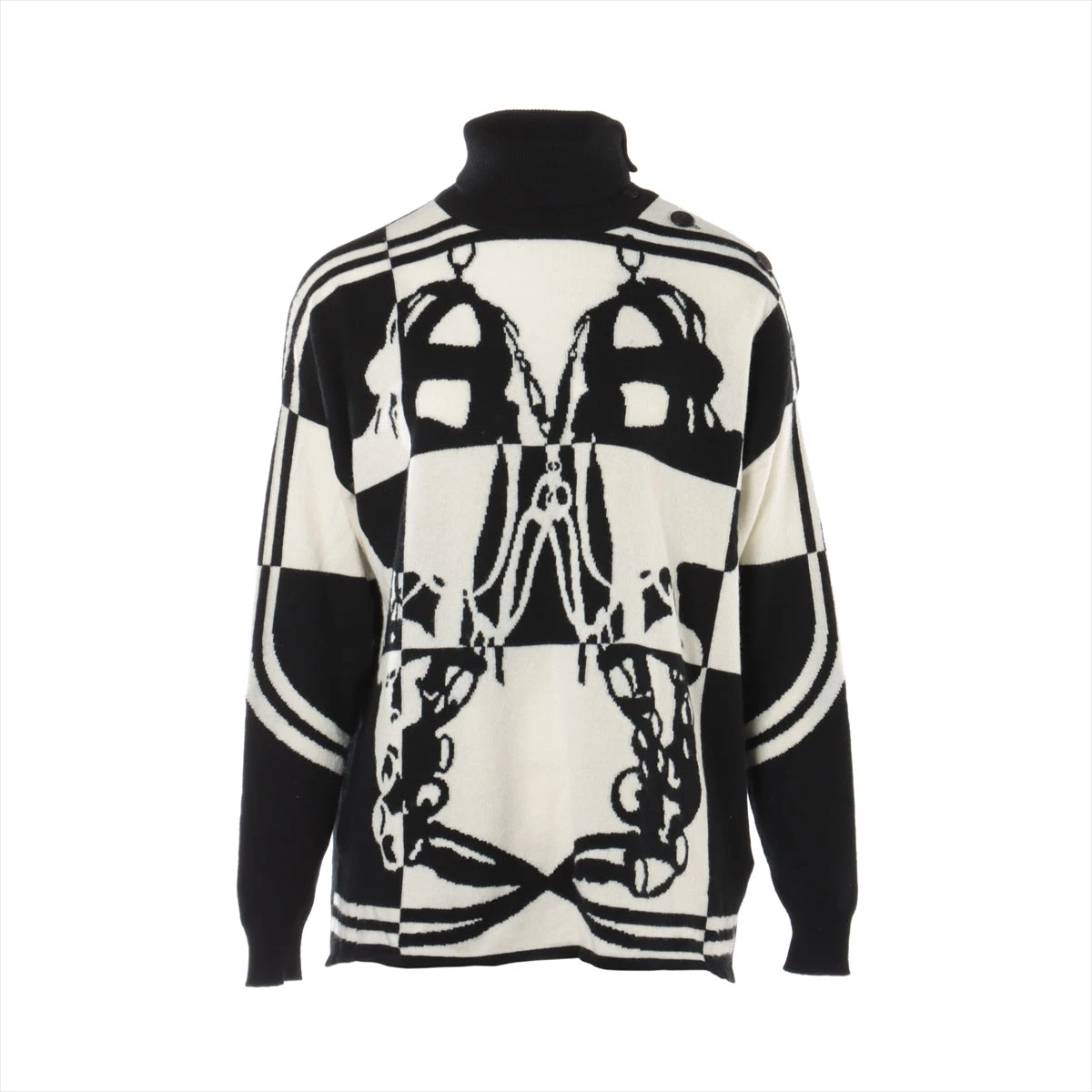 エルメス カシミヤ ハイネックニット 34 レディース ブラック×ホワイト