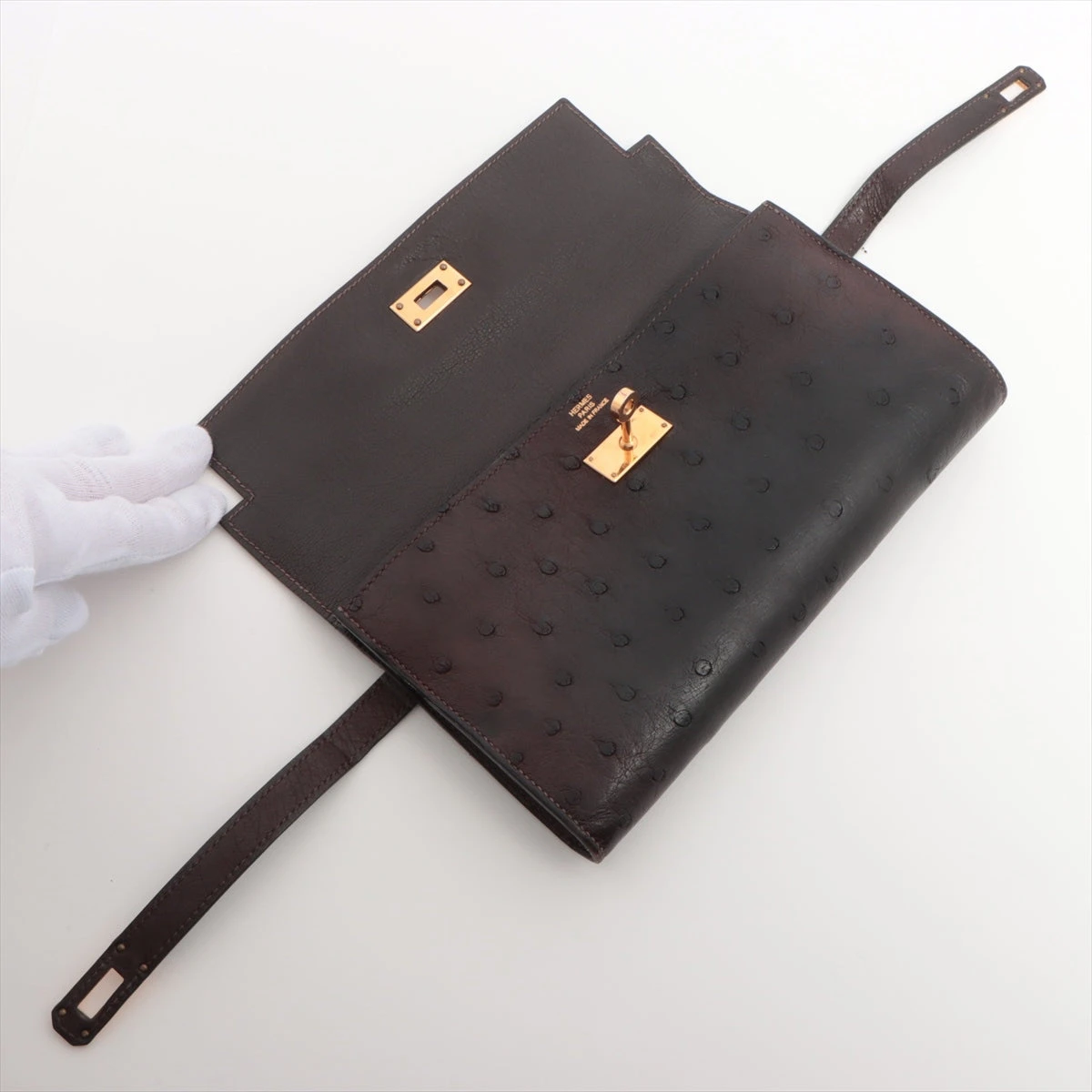 エルメス ケリーウォレット オーストリッチ 財布 ブラック×ブラウン