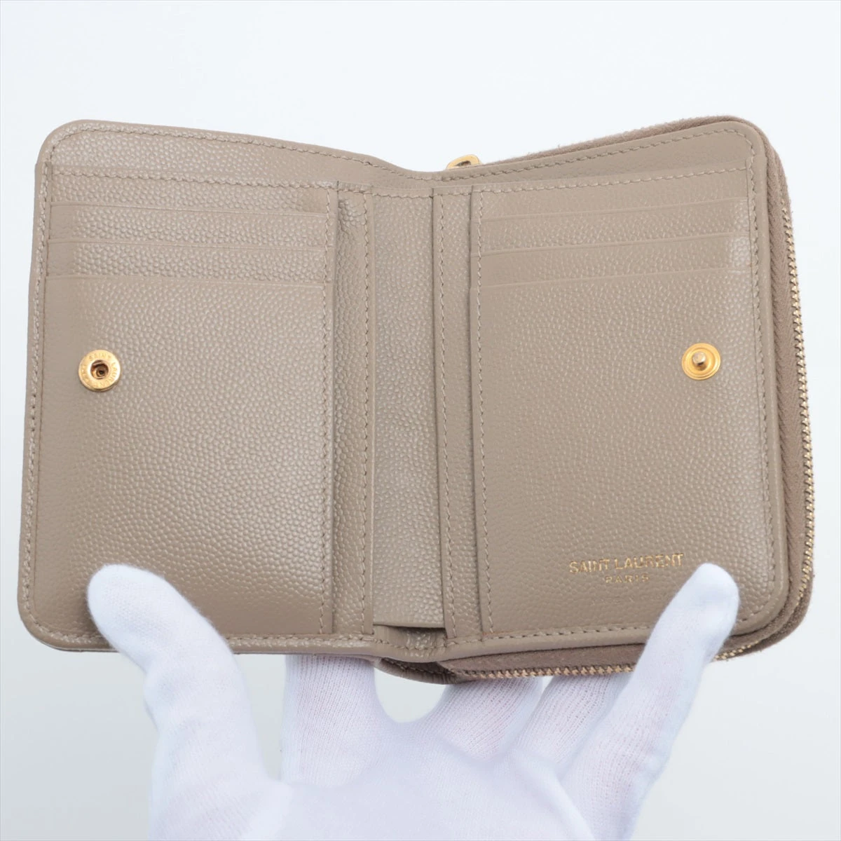 サンローラン　パリ　Vステッチ　コンパクト　財布　ベージュ サンローランパリ Vステッチ レザー コンパクトウォレット