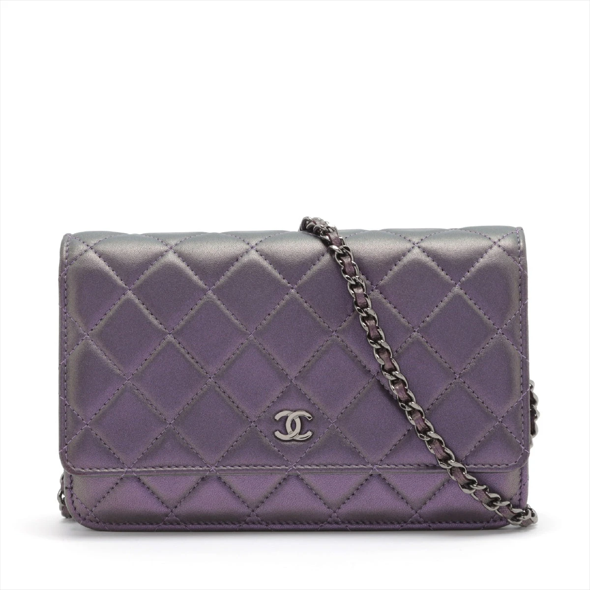 CHANEL パープルウォレット シャネル マトラッセ ラムスキン チェーンウォレット メタリック