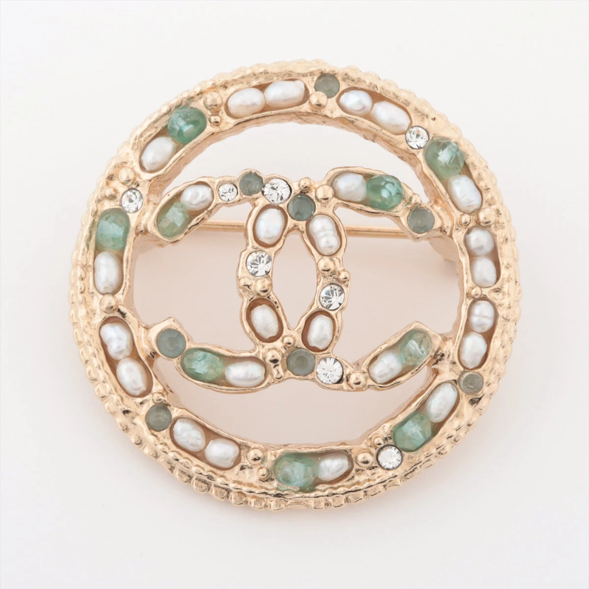 シャネル ココマーク A18C ブローチ GP×ラインストーン×フェイクパール