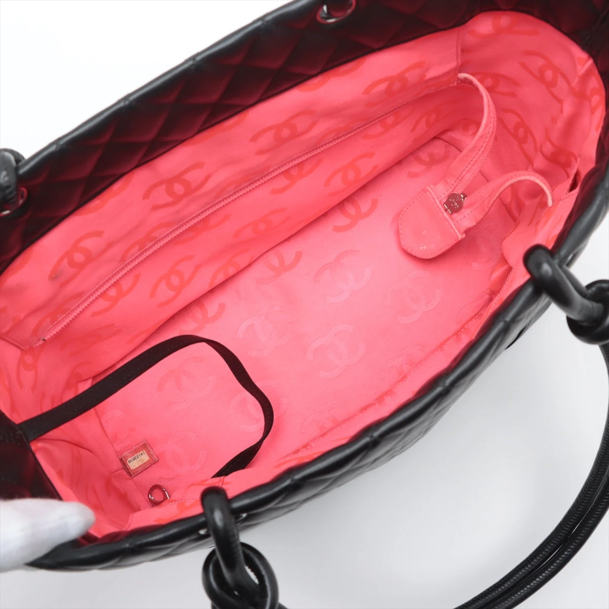 シャネル カンボンライン ラムスキン トートバッグ ブラック シルバー