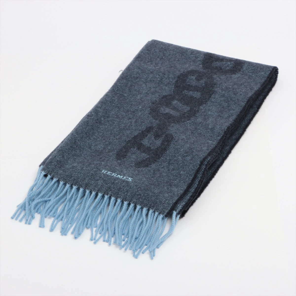 【美品】HERMESエルメスクレイジーチェーンカシミヤマフラー エルメス クレイジーチェーン マフラー カシミヤ ブルー