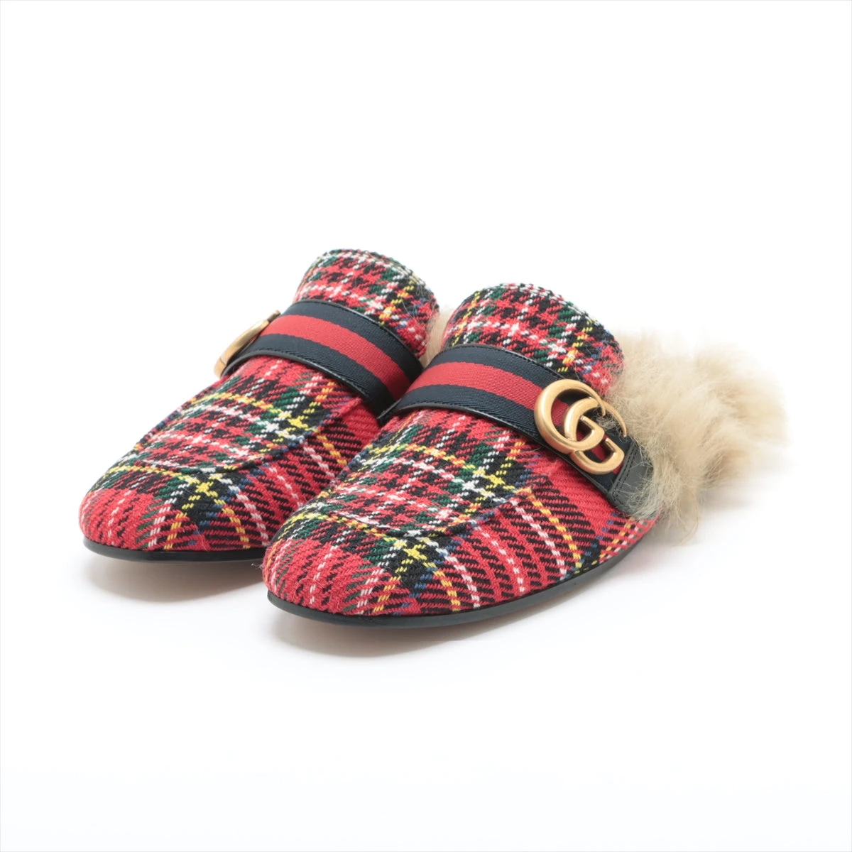 ゲ*ム様 【週末限定値下げ】 GUCCI プリンスタウンレッドチェック柄ファー付 グッチ プリンスタウン キャンバス ミュール 6 メンズ レッド GG